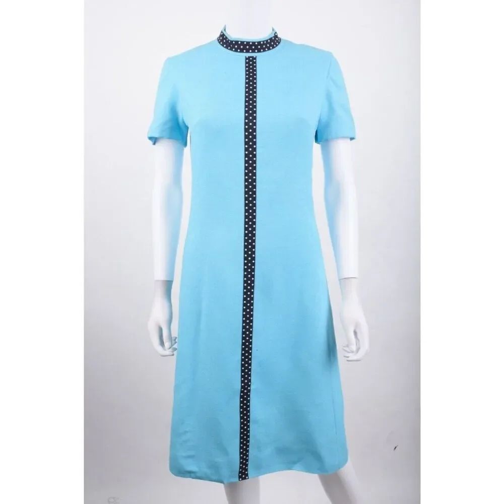 Vintage Leslie Fay 60s Womans Shift Dress Mod Size 12 Blue Polka Dot Trim